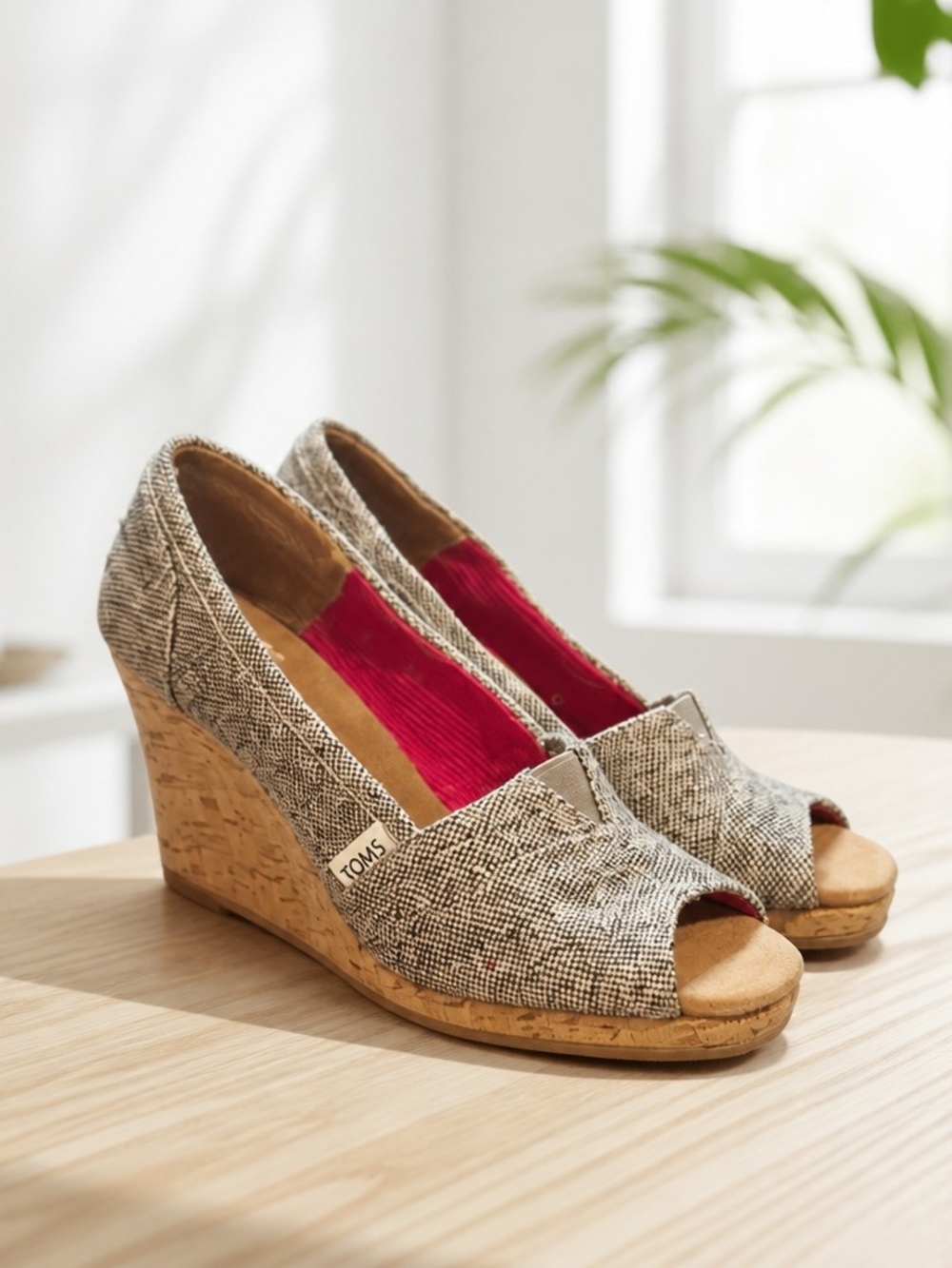 Toms Heels Stella Calypso Wedge Herringbone Tweed Peep Toe Cork Wedge Heels